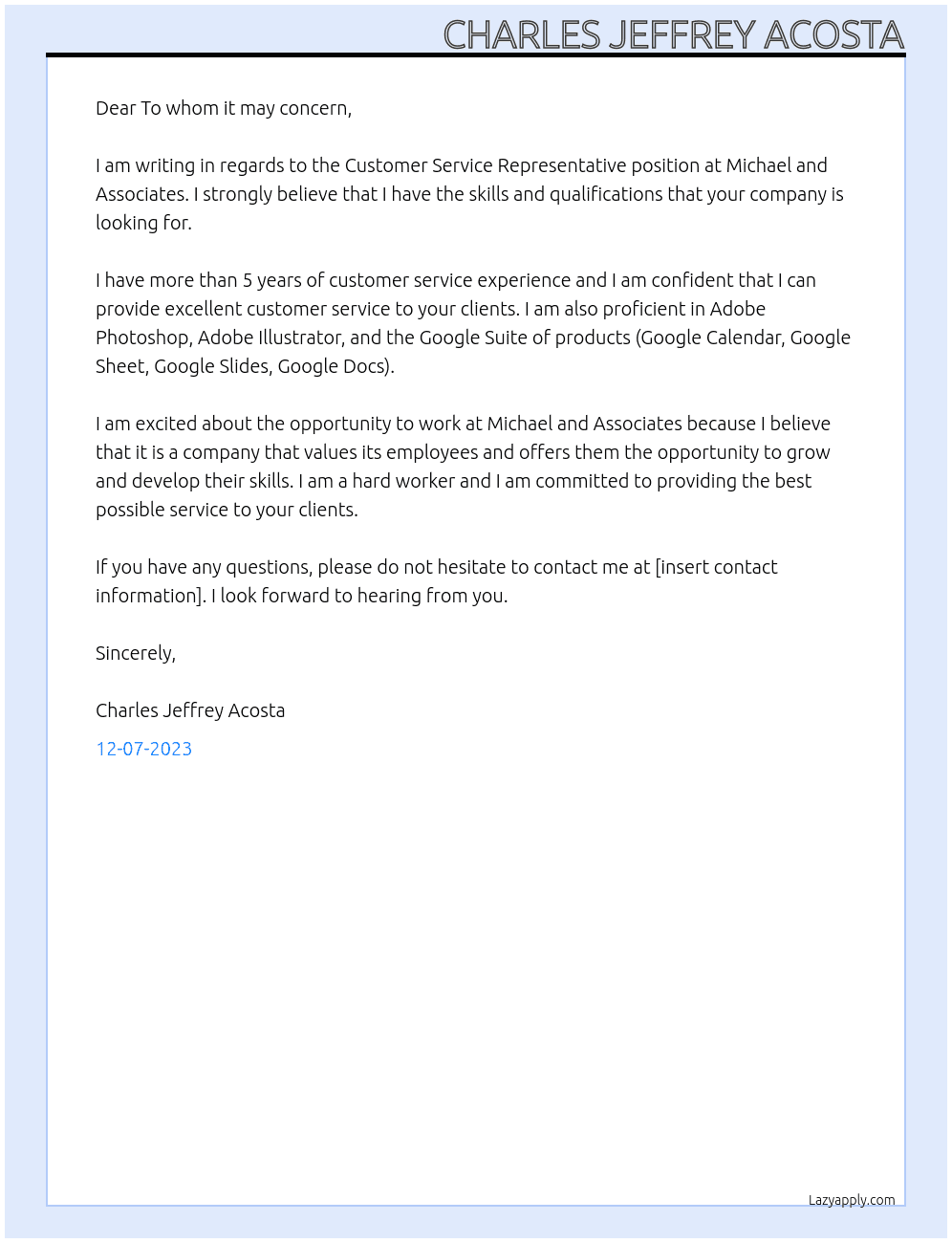Customer Service Representative At Michael and Associates Cover Letter