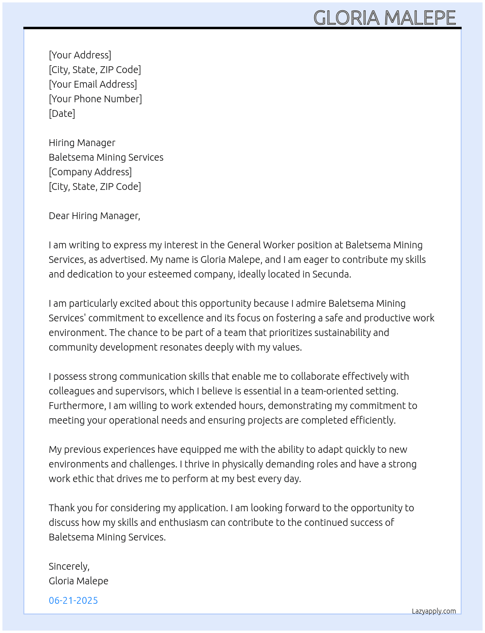 General Worker At Baletsema mining services Cover Letter