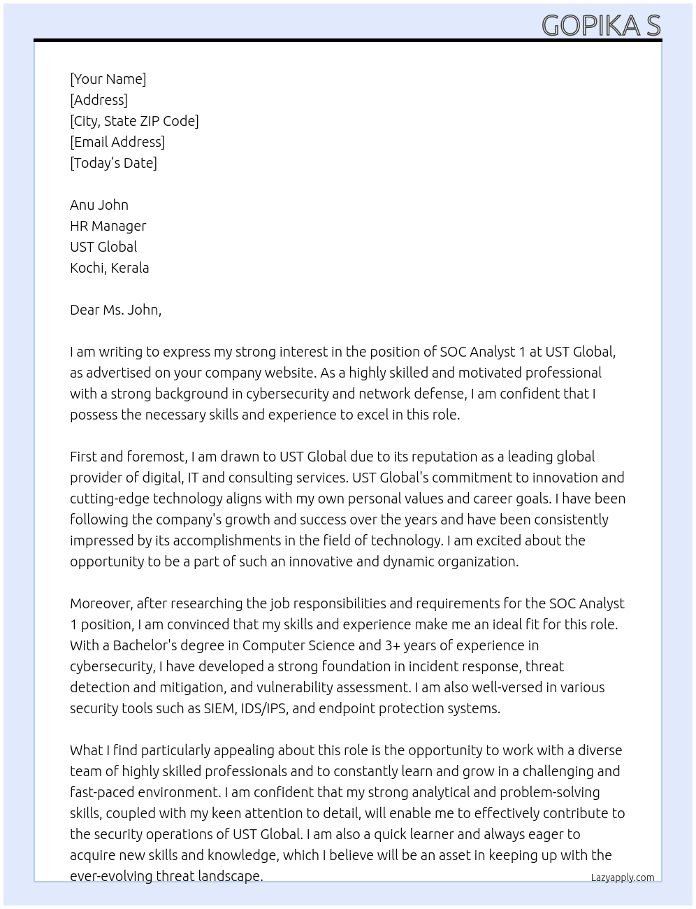 SOC ANALYST 1 At UST Global Cover Letter