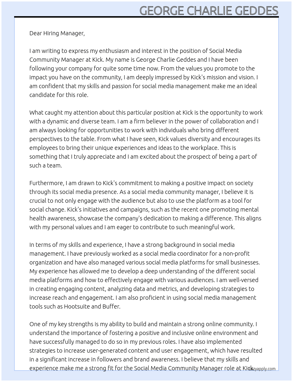 Social Media Community Manager At Kick Cover Letter