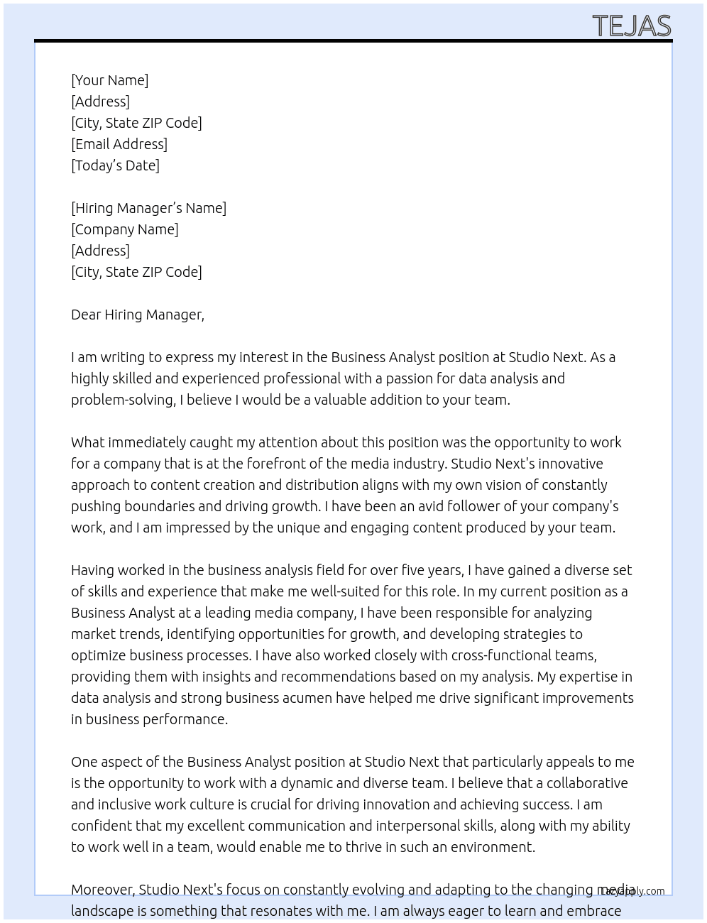 Business Analyst At Studio Next Cover Letter