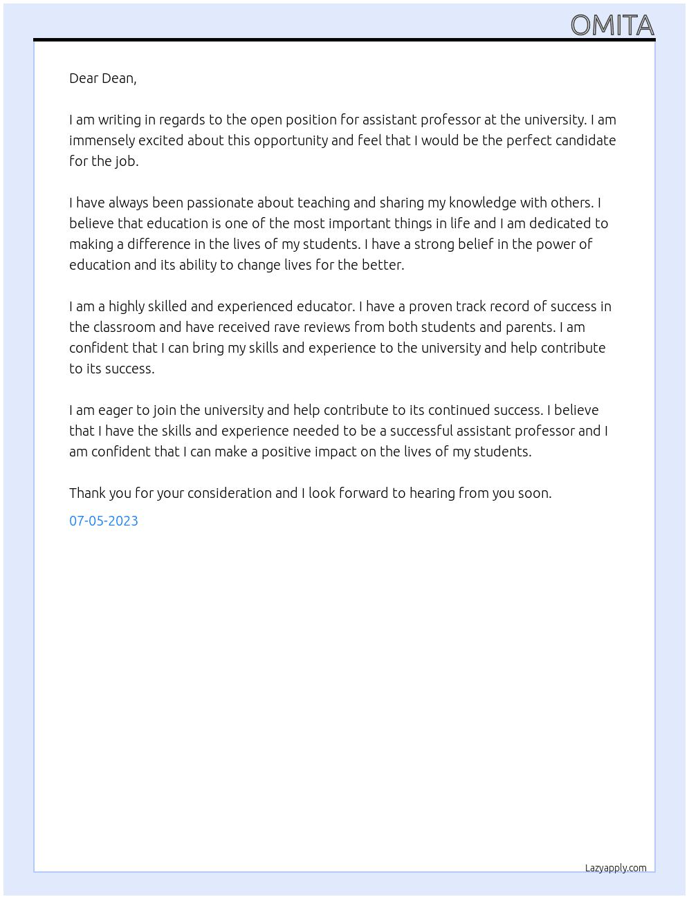assistant professor At univerity Cover Letter
