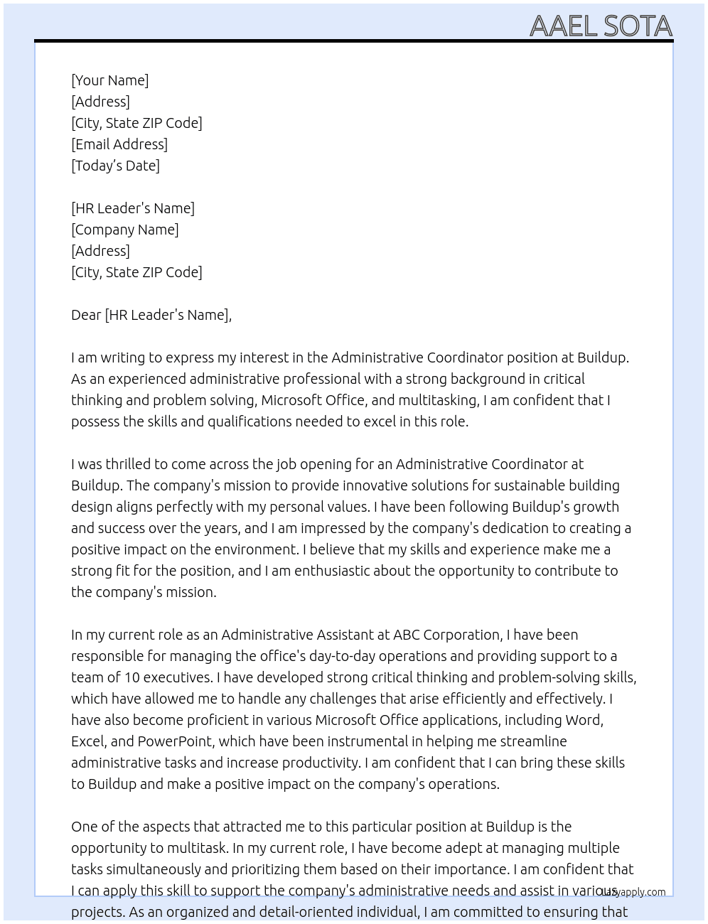 Administrative Coordinator At Buildup Cover Letter