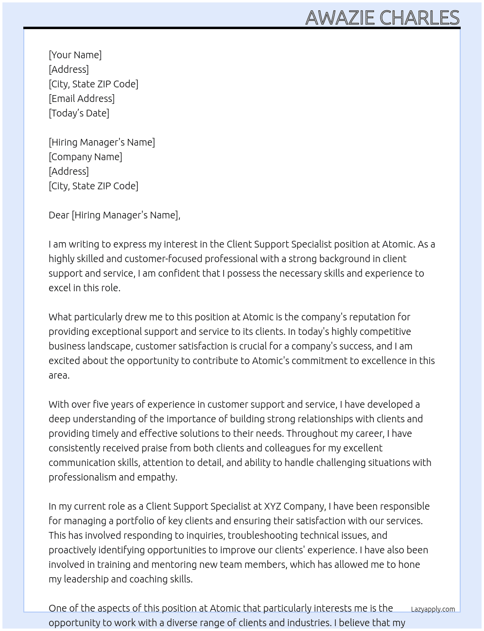 Client Support Specialist At Atomic Cover Letter