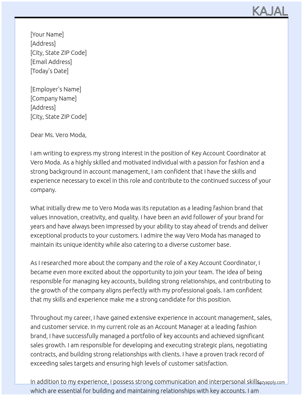 KEY ACCOUNT COORDINATOR At Vero Moda Cover Letter