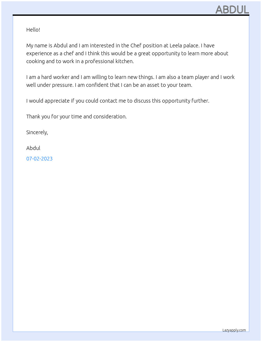 Chef At Leela palace Cover Letter