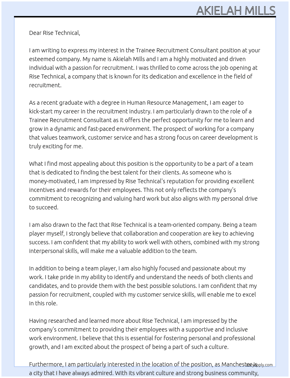 Trainee recruitment consultant  At Rise Technical  Cover Letter