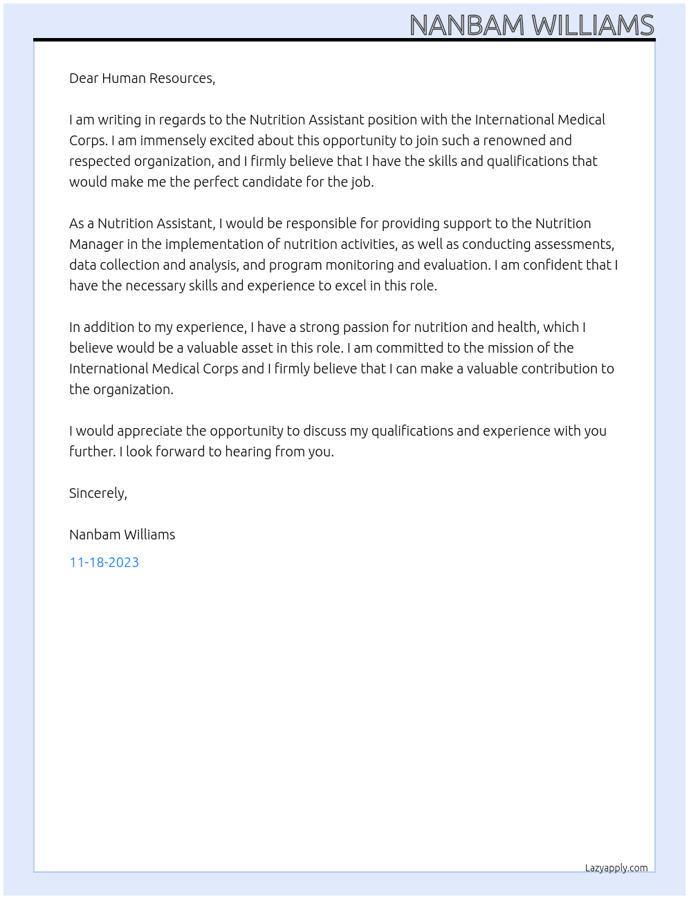 Nutrition assistant At international medical corps Cover Letter