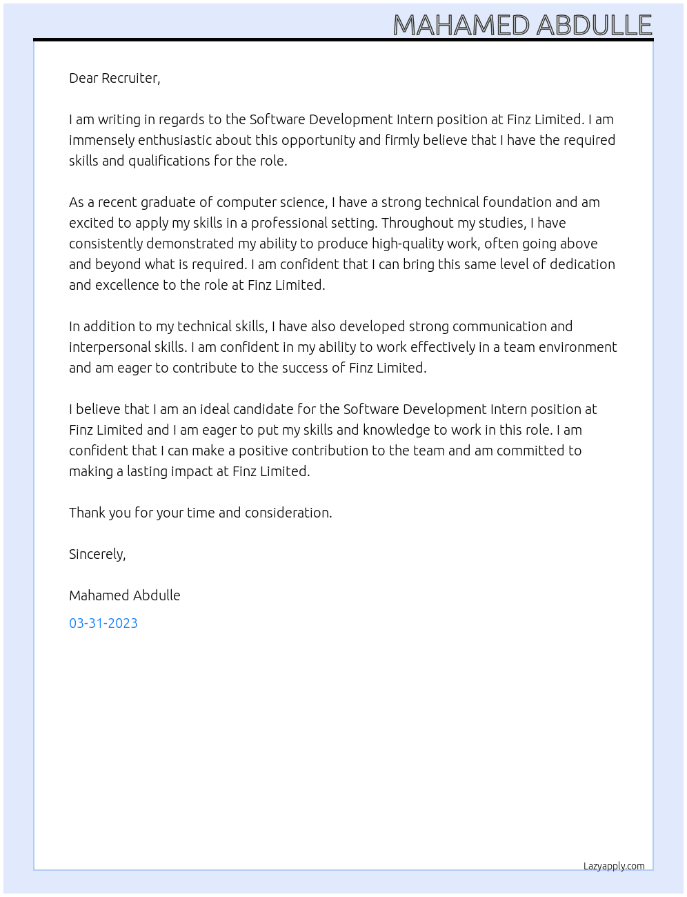 Software Development Intern At Finz Limited Cover Letter