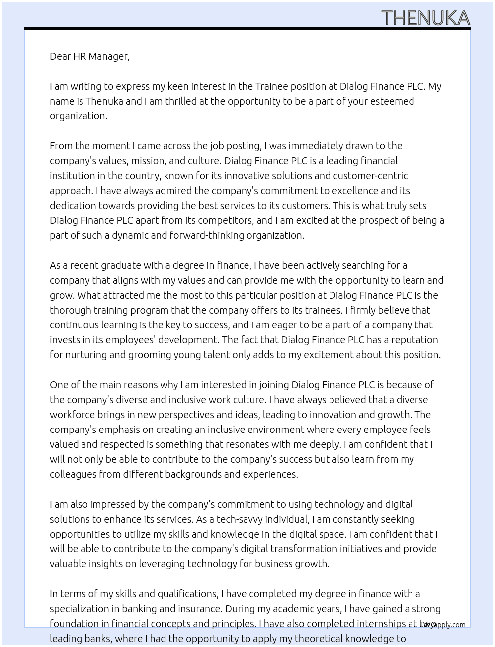 trainee At Dialog finance PLC Cover Letter