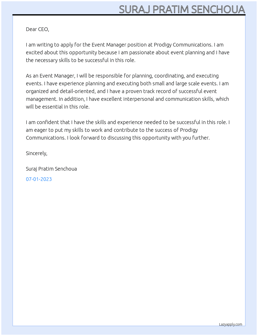 Event Manager  At Prodigy Communications Cover Letter