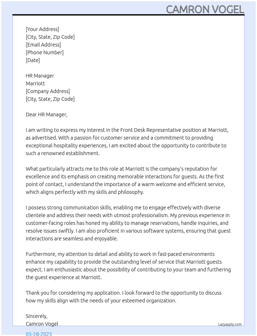 Cover letter for front desk representative - LazyApply