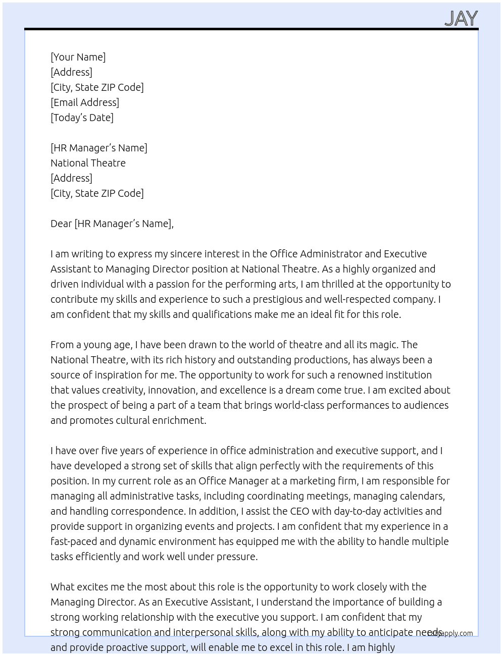 Office administrator & EA to managing director At National Theatre Cover Letter