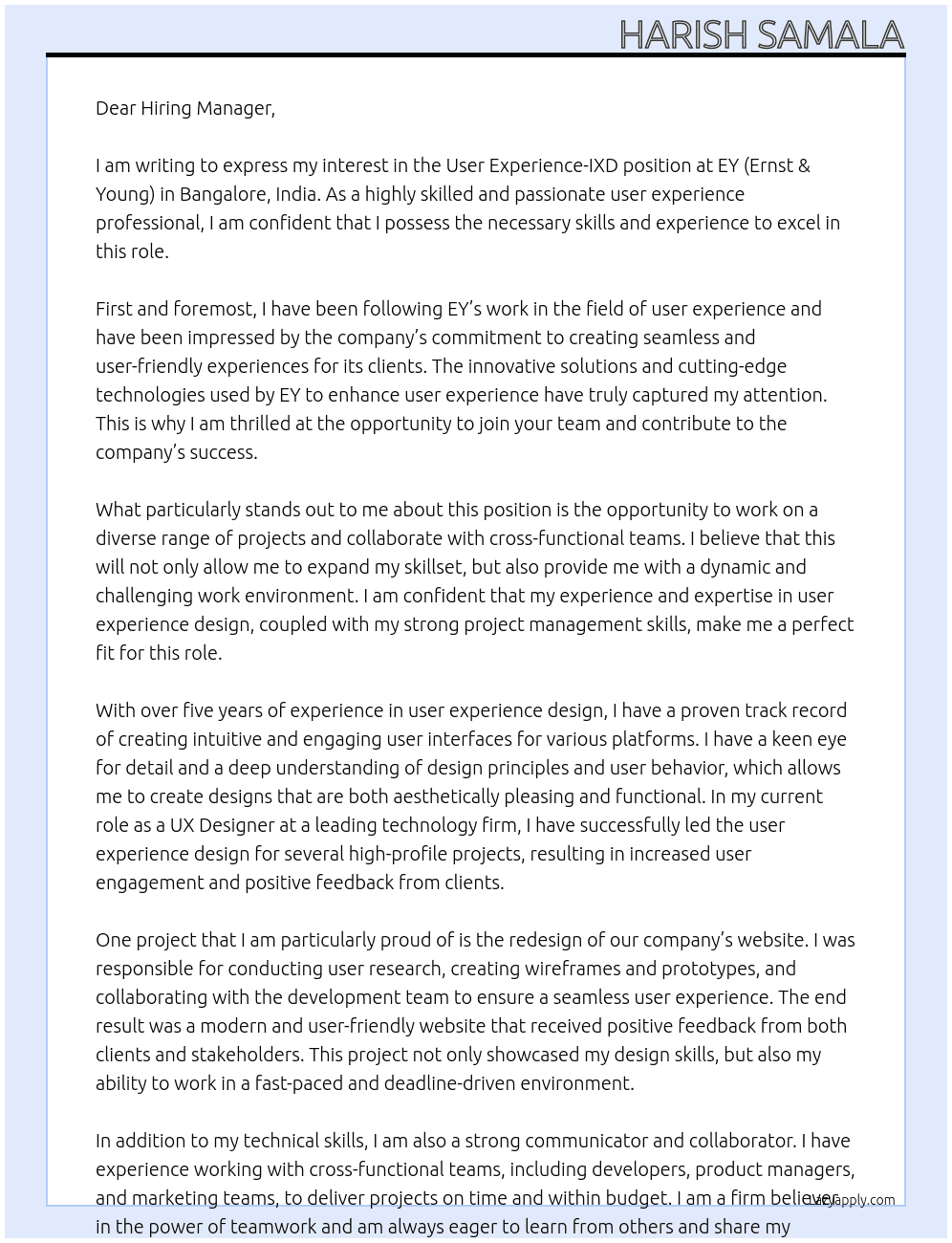 User Experience-IXD At EY (Ernst & Young) Cover Letter