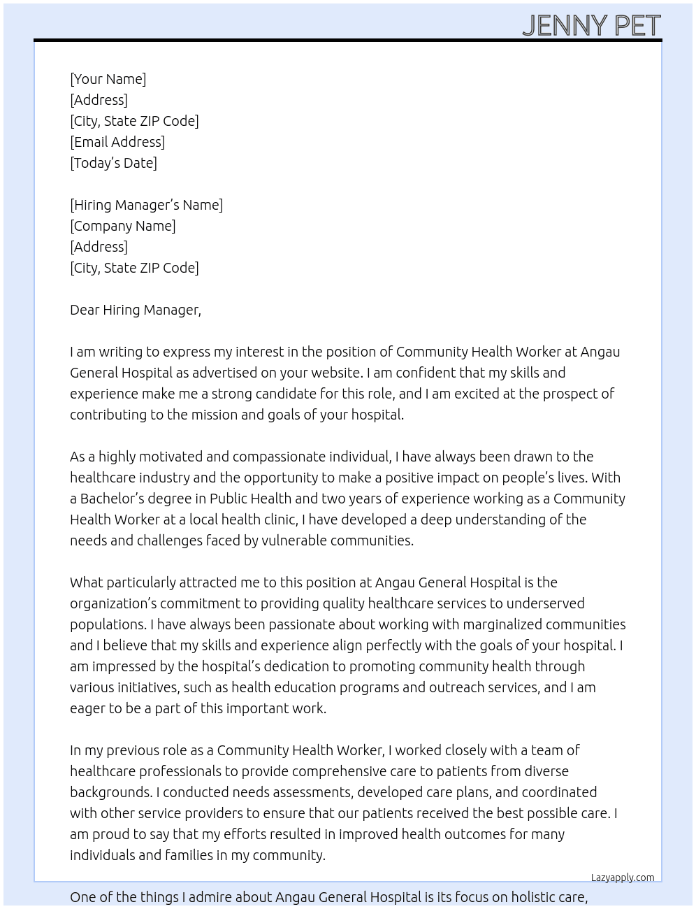 Community Health Worker  At Angau General Hospital  Cover Letter