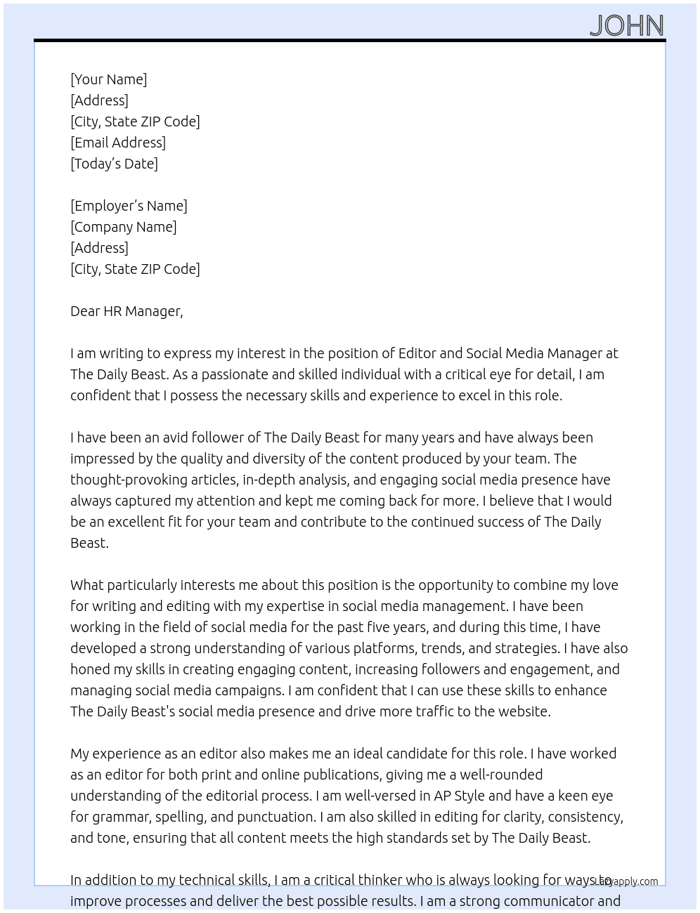 Editor and social media manager At The daily beast Cover Letter
