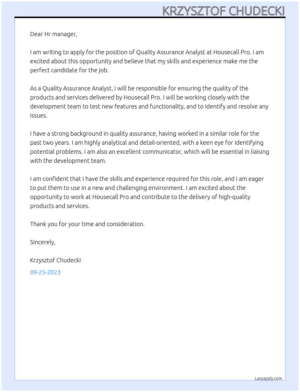 Quality Assurance Analyst At Housecall Pro Cover Letter