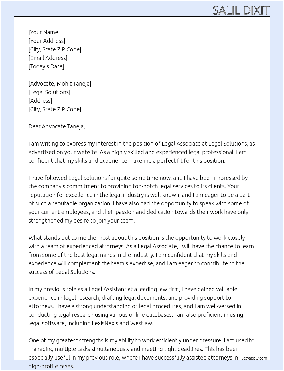 LEGAL ASSOCIATE  At LEGAL SOLUTIONS Cover Letter