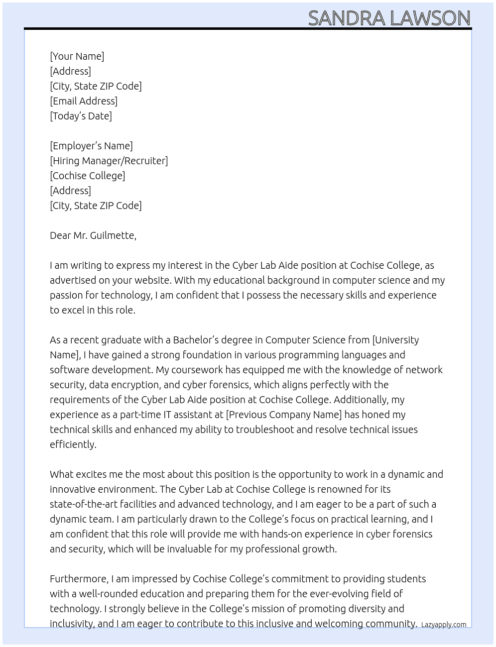 Cyber Lab Aide At Cochise College Cover Letter