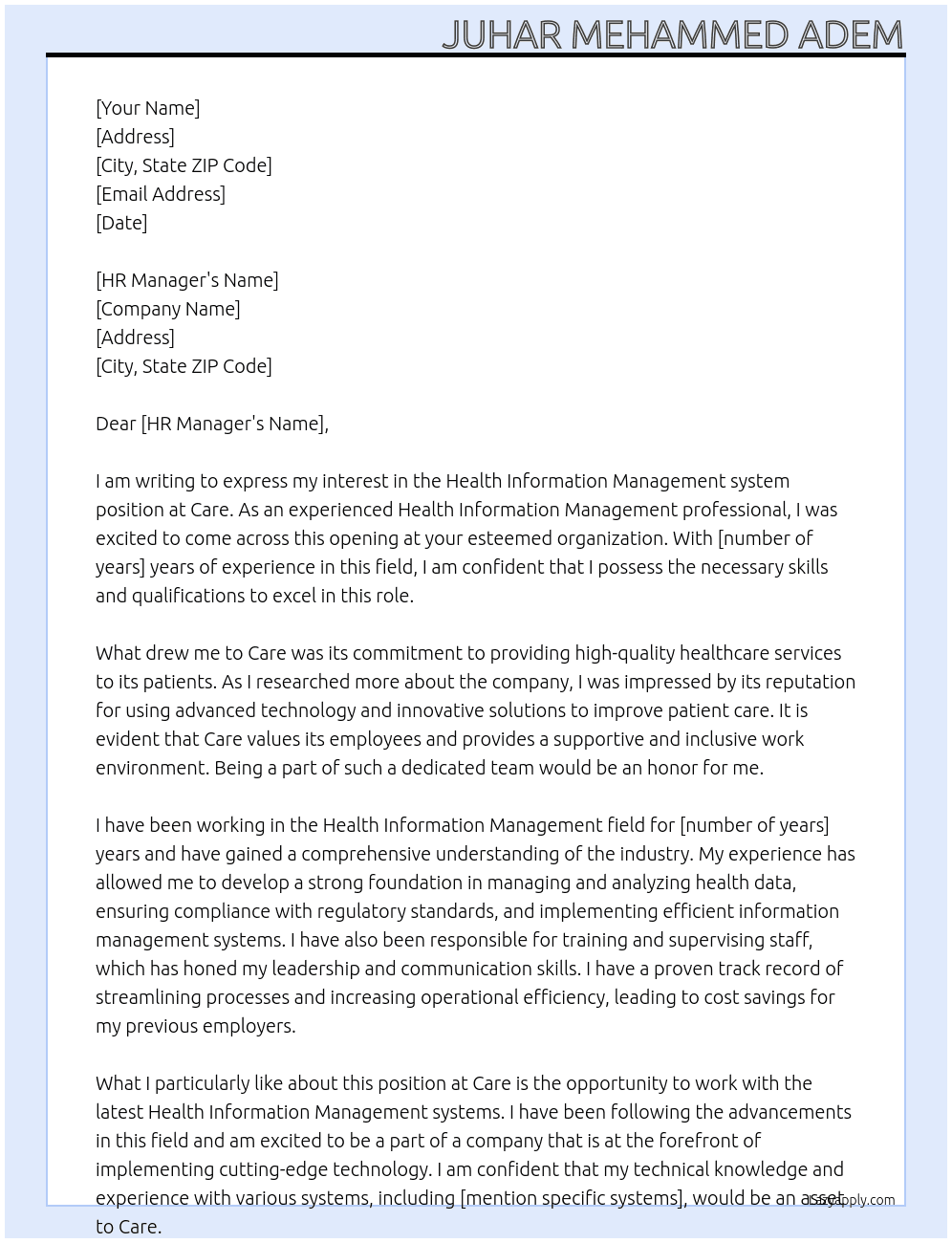 Health Information Management system At Care Cover Letter