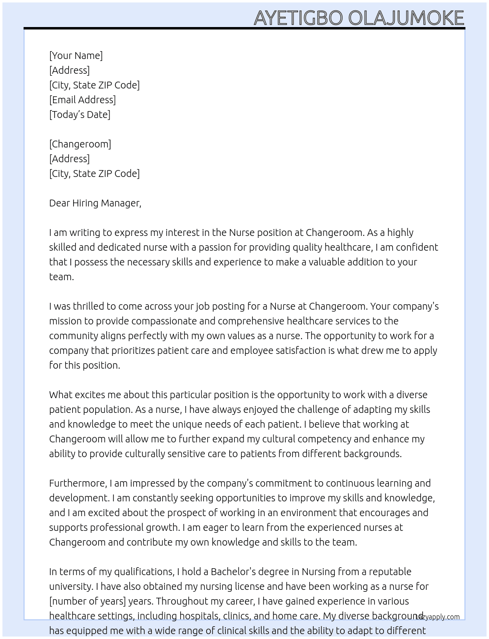 Nurse At Changeroom  Cover Letter