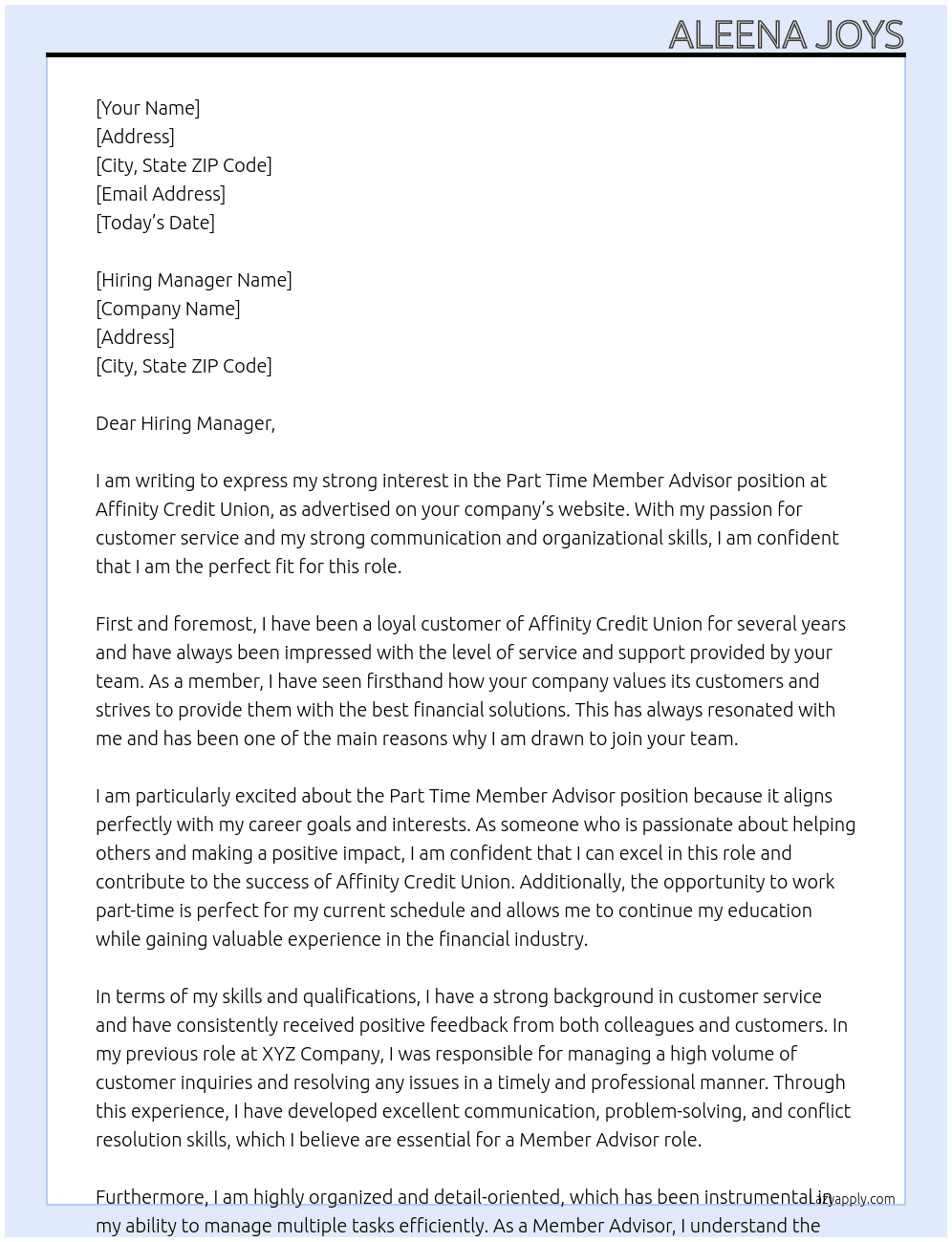 Part Time Member Advisor At Affinity Credit Union Cover Letter