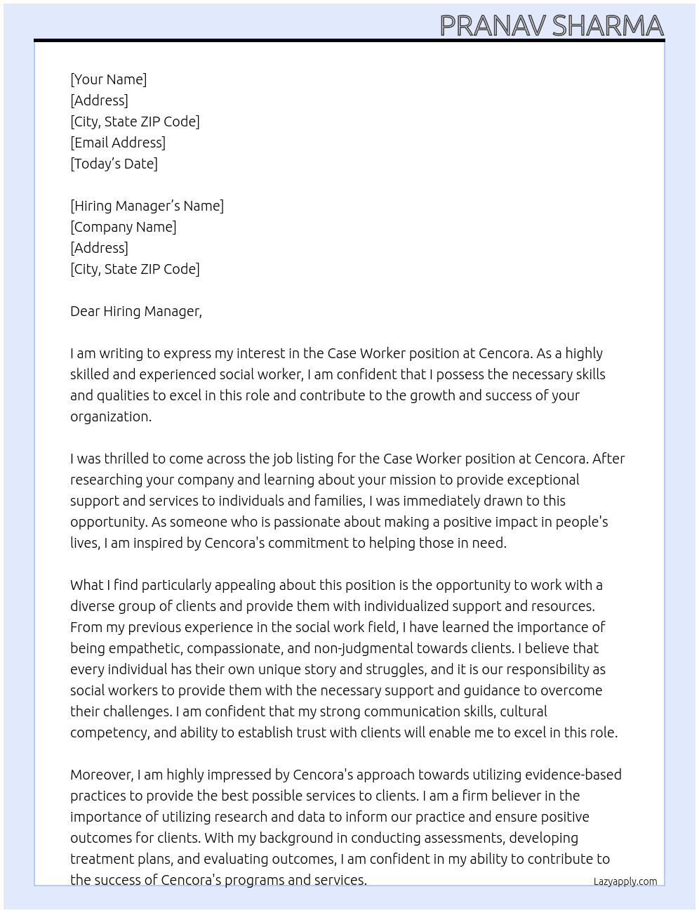 Case worker At Cencora Cover Letter