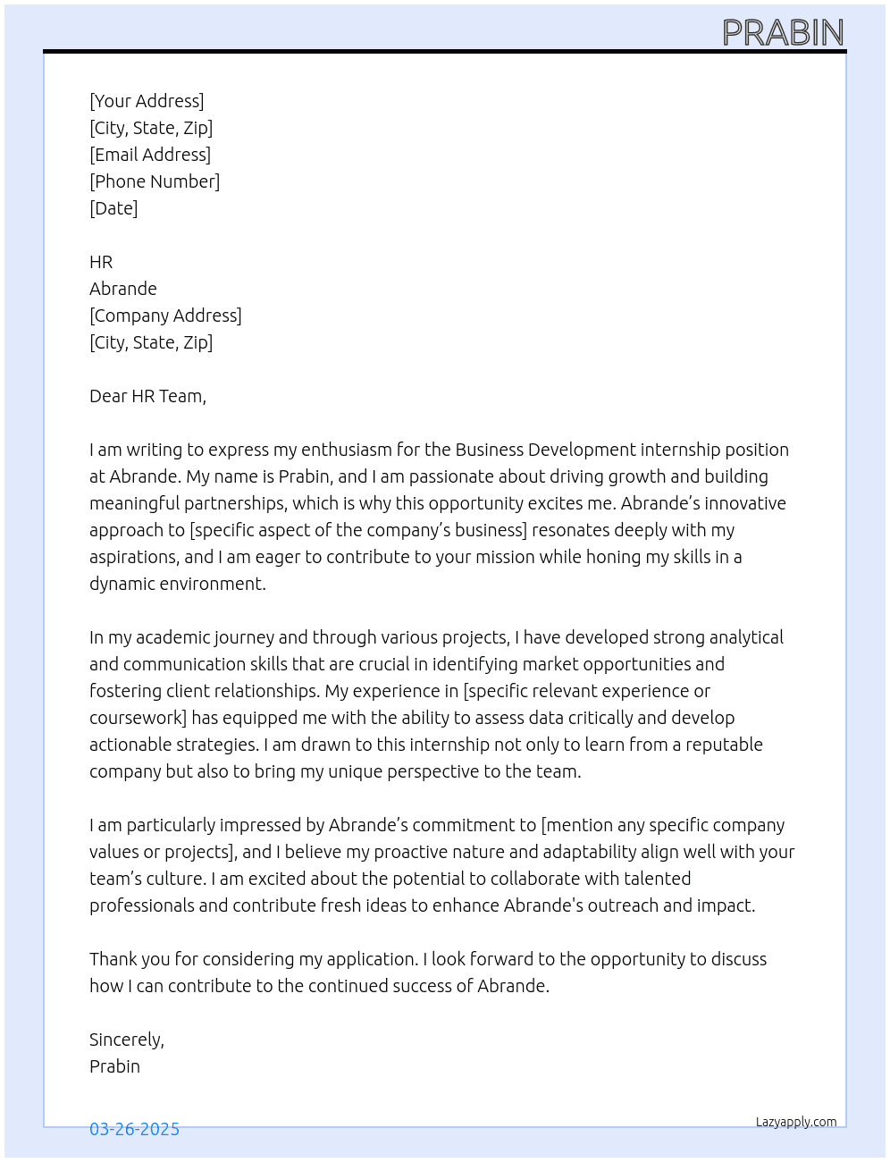 Business development  At Abrande Cover Letter
