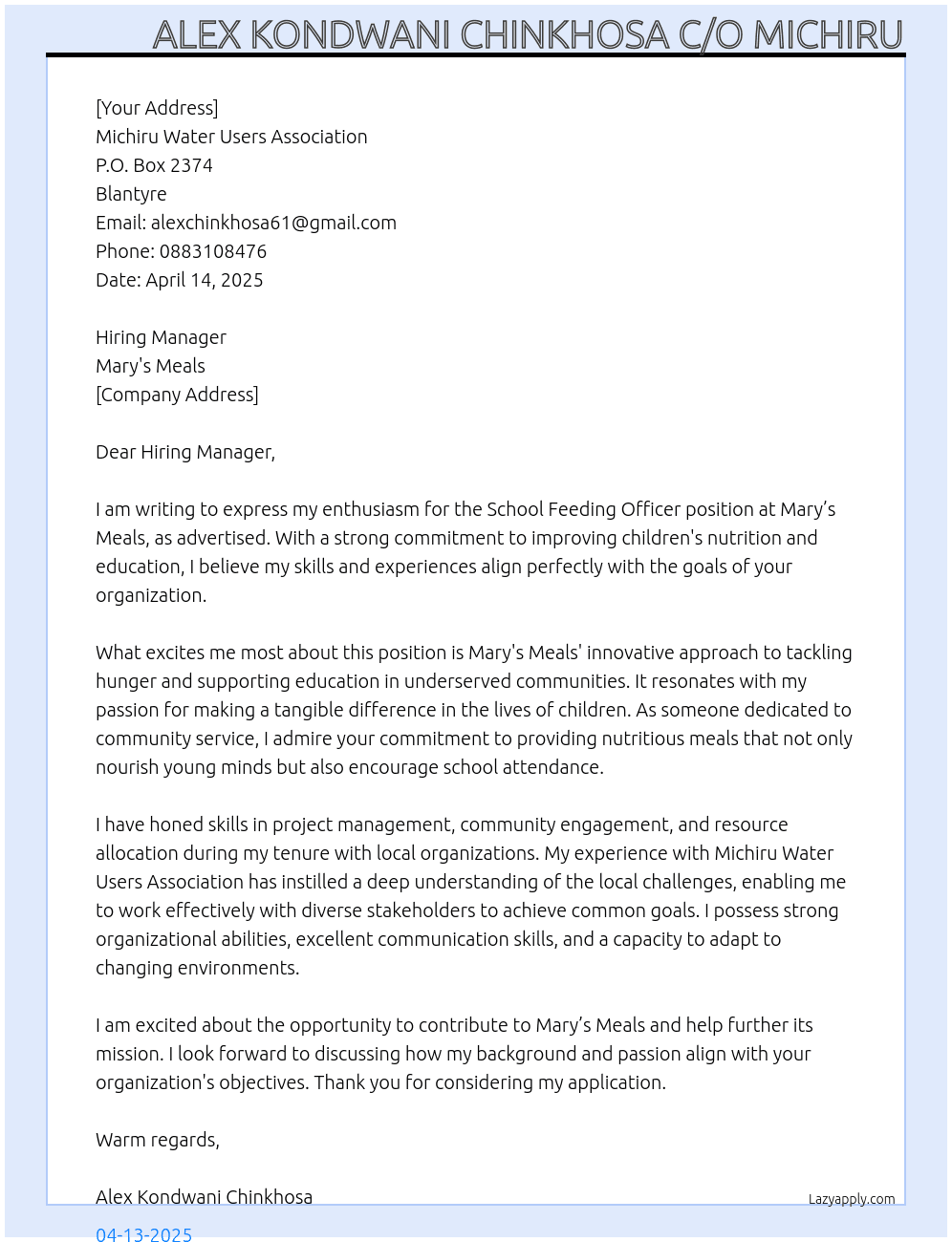 school feeding officers At Marys Meals Cover Letter