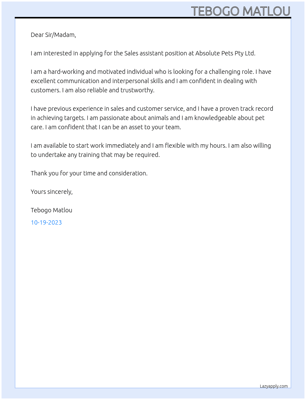 Sales assistant  At Absolute Pets Pty Ltd Cover Letter