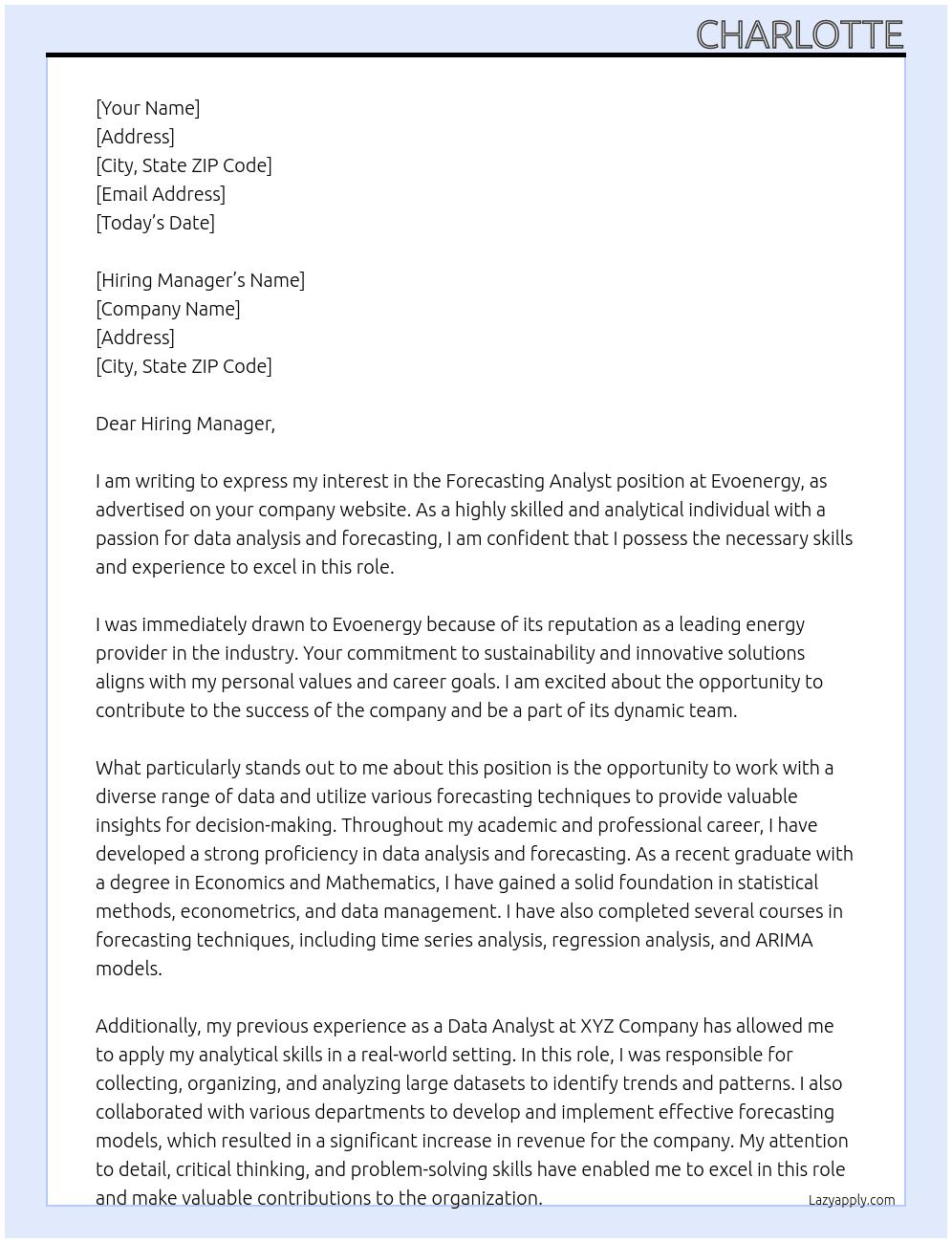 Forcasting Analyst At Evoenergy Cover Letter