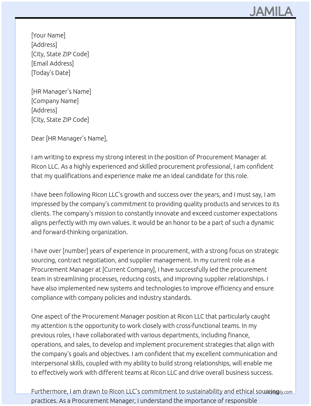 Procurement manager At Ricon LLC Cover Letter