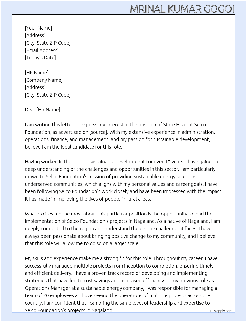 State Head At Selco Foundation Cover Letter
