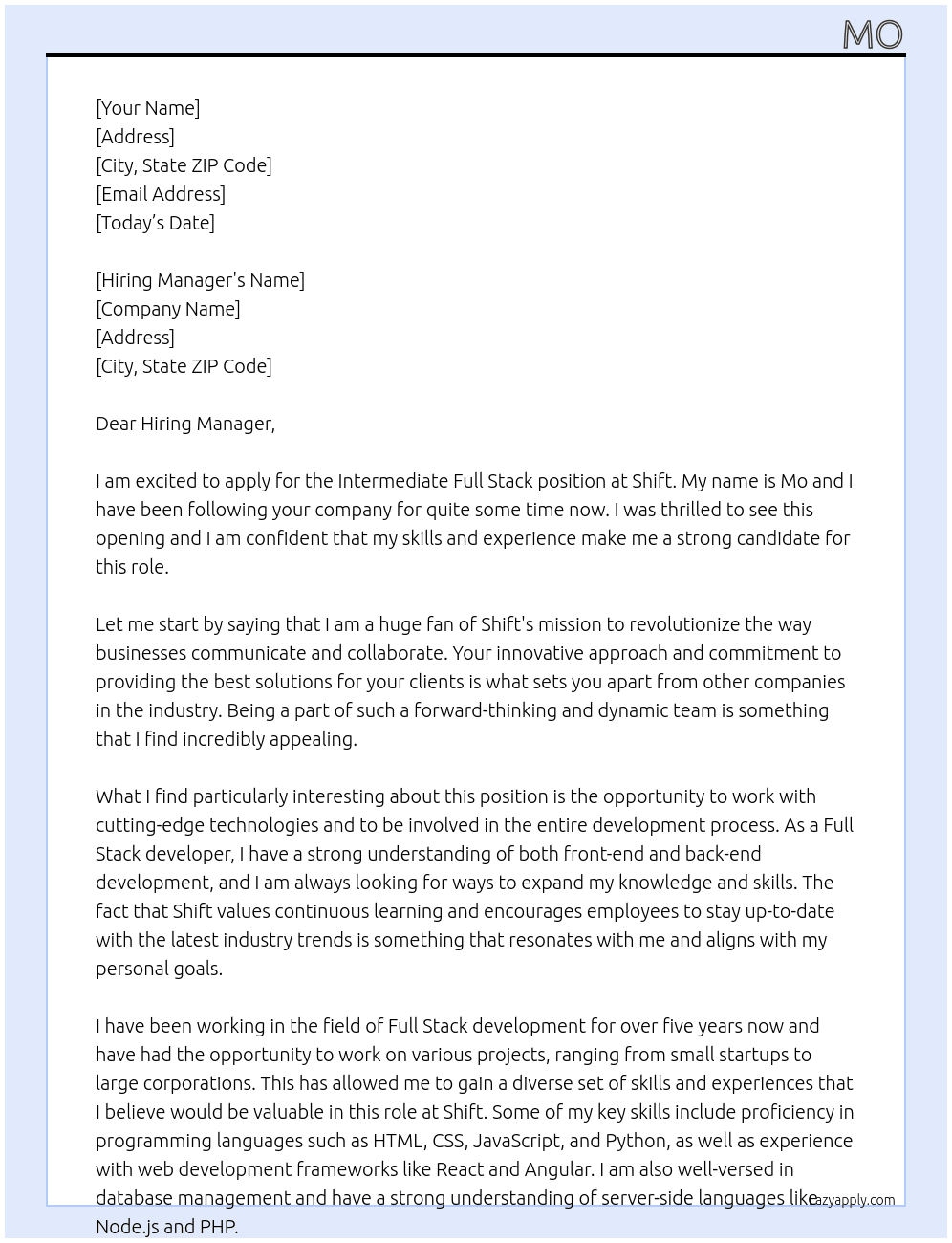 Intermediate Full Stack  At Shift Cover Letter