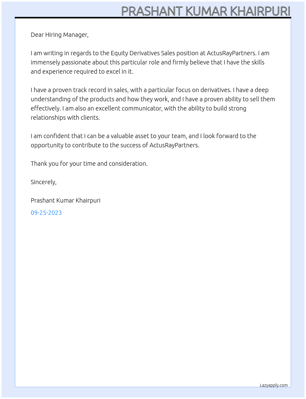 Equity Derivatives Sales At ActusRayPartners Cover Letter