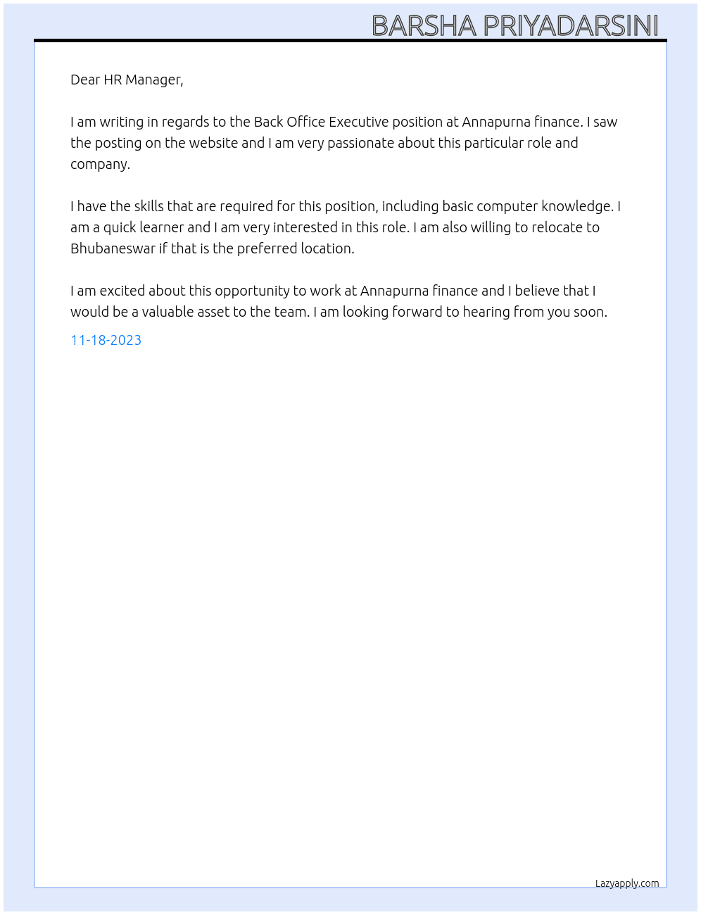 Back office executive  At Annapurna finance  Cover Letter