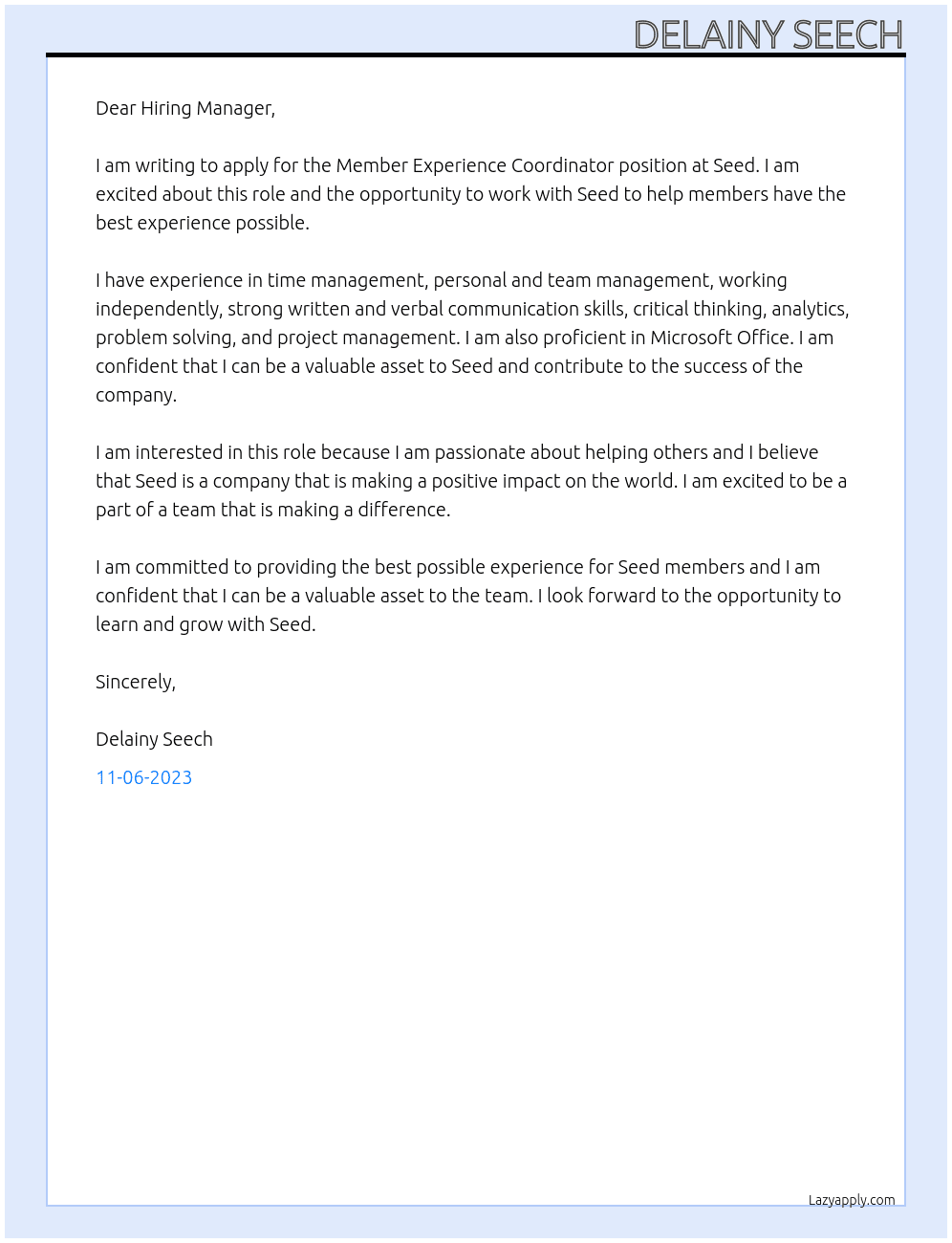 Member Experience Coordinator  At Seed  Cover Letter