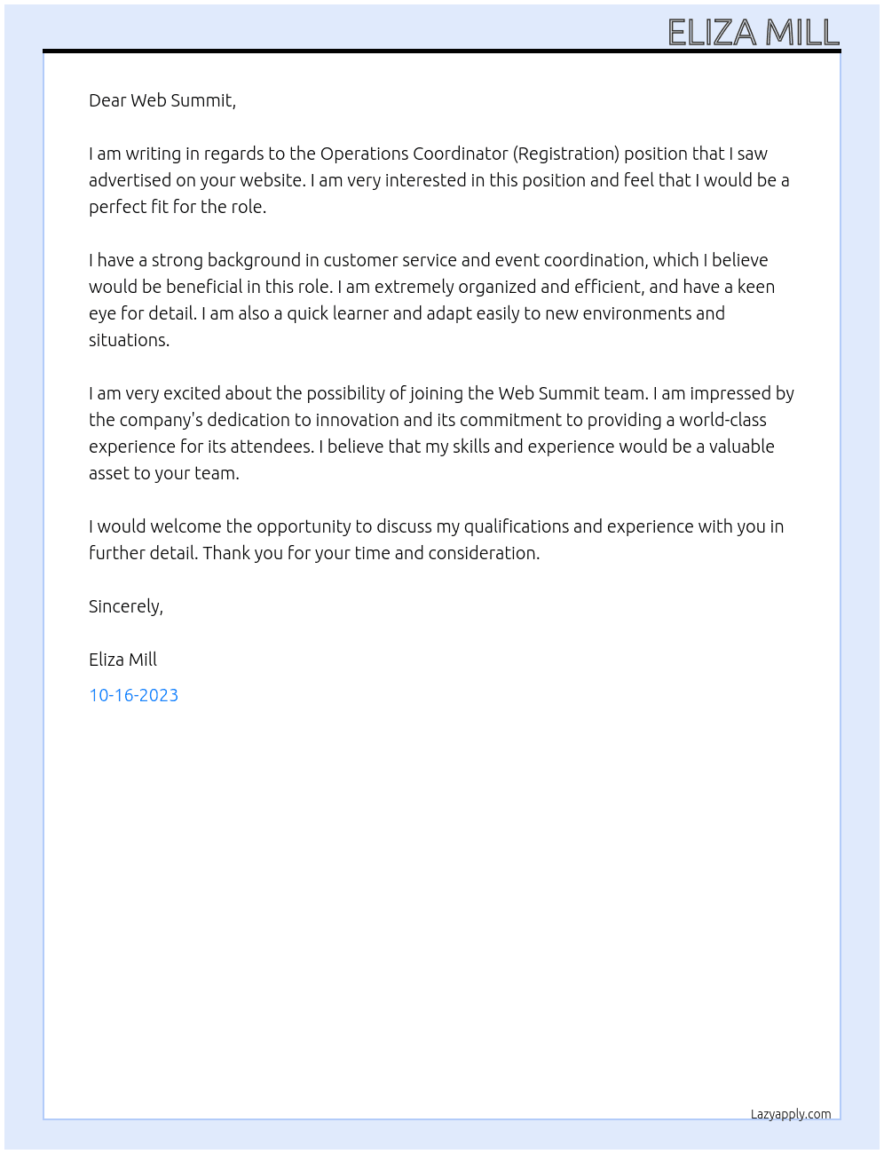 Operations Coordinator (Registration) At Web Sumit Cover Letter