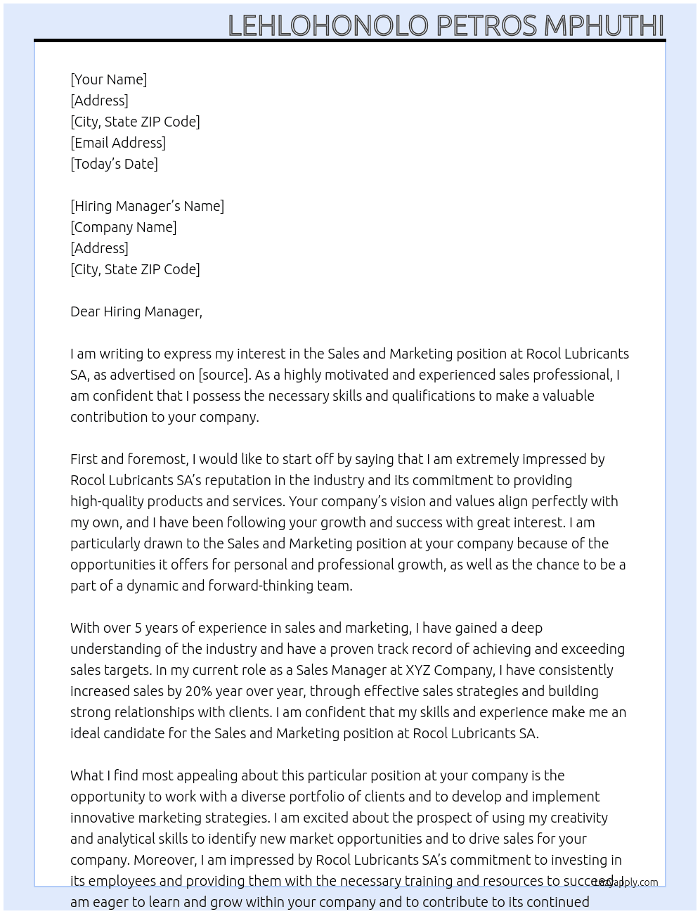 Sales and Marketing At Rocol Lubricants SA  Cover Letter