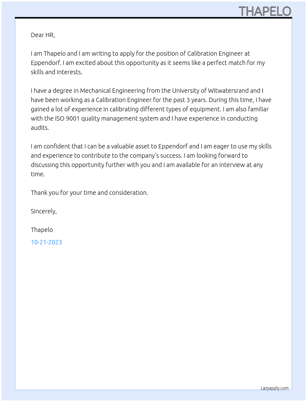Calibration Engineer At Eppendorf Cover Letter