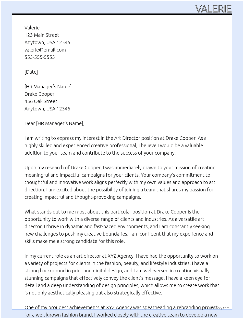 Art director At Drake Cooper Cover Letter