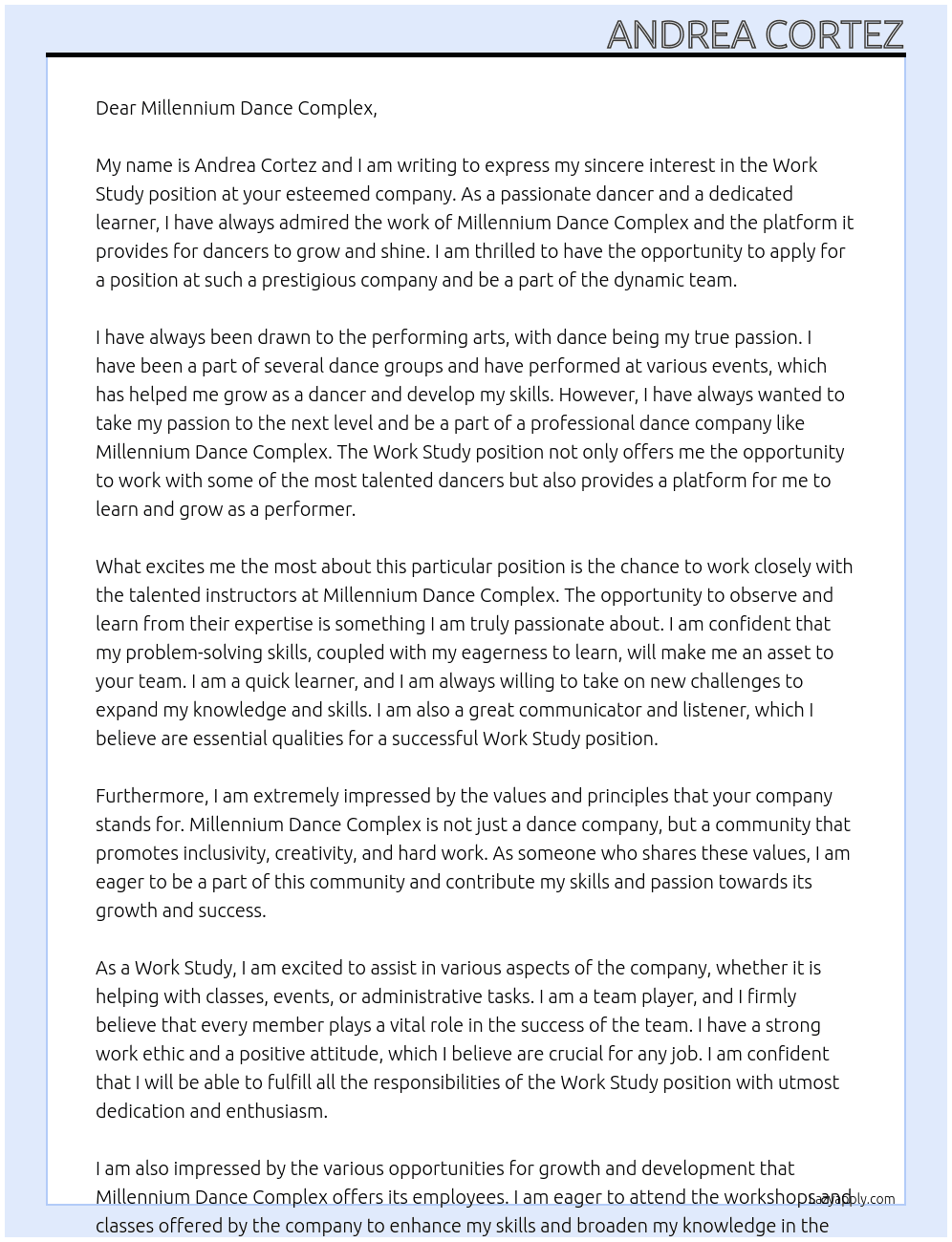 Work study At Millennium dance complex Cover Letter