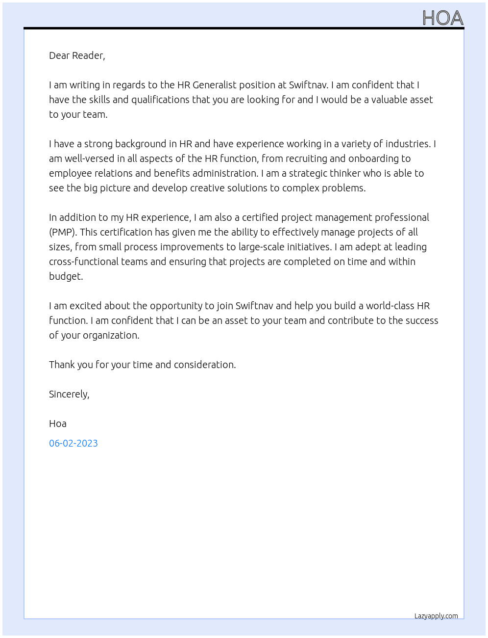 HR Generalist At Swiftnav Cover Letter