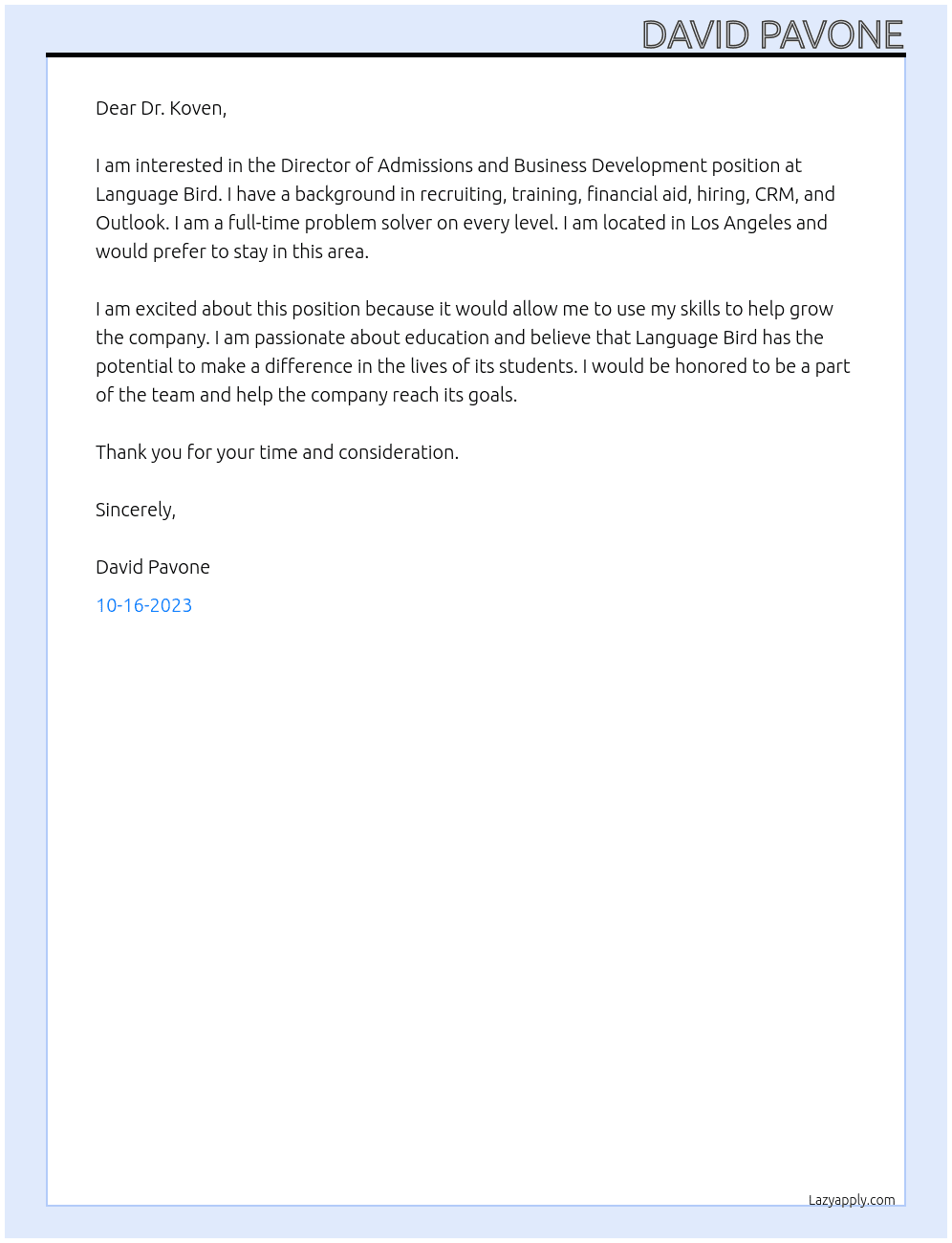 Director of Admissions and Business Devlopment At Language Bird Cover Letter