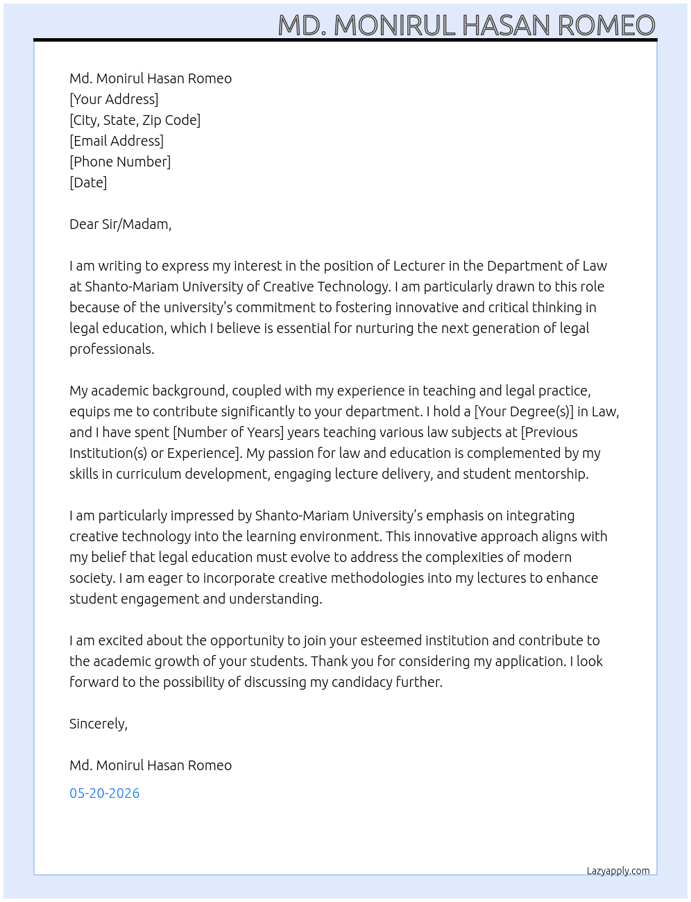 Application for the Position of Lecturer in the Department of Law At Shanto-Mariam University of Creative Technolog Cover Letter