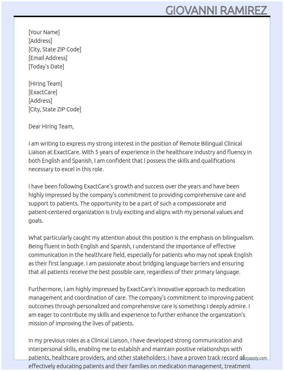 Remote Bilingual Clinical Liaison At ExactCare Cover Letter