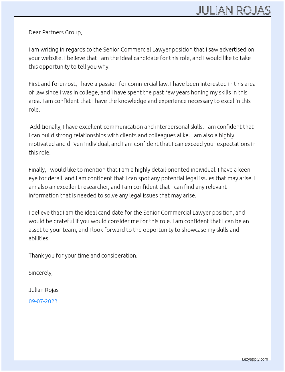 Senior Commercial Lawyer At Partners Group Cover Letter