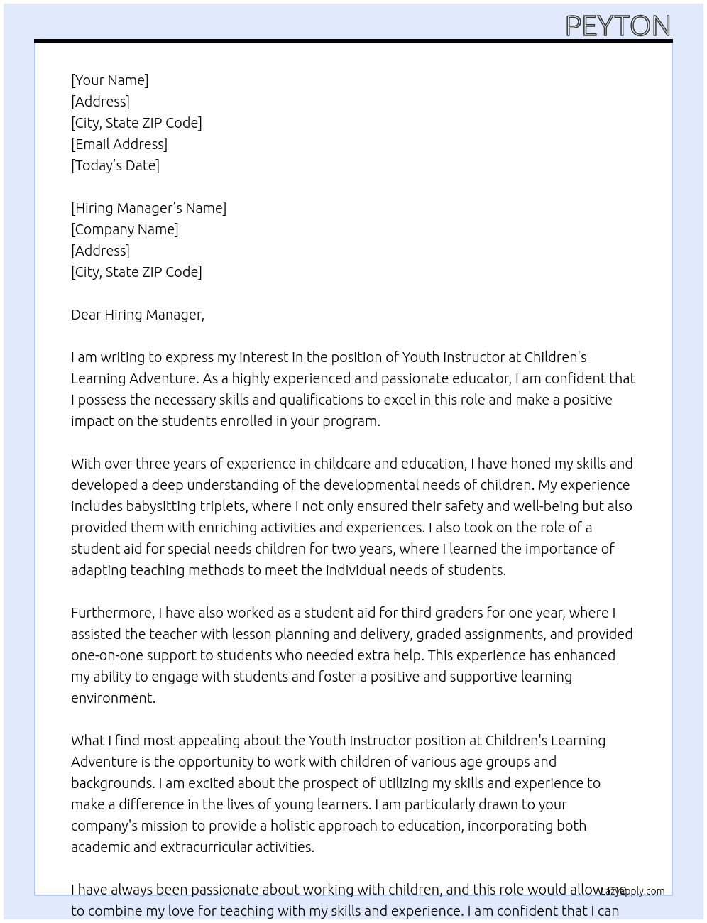 Youth Instructor At Children's Learning Adventure Cover Letter