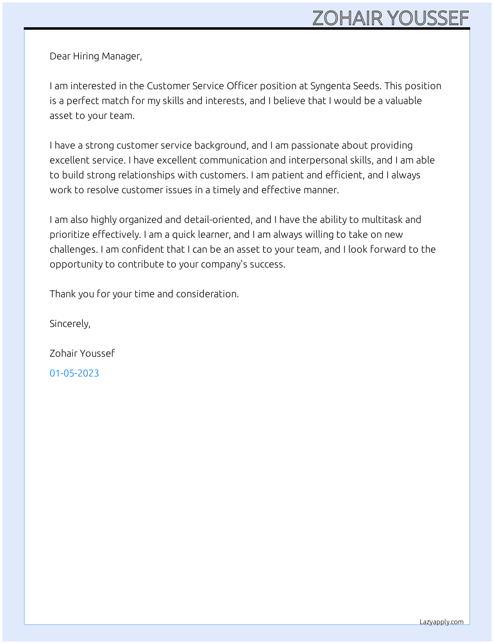 Customer Service Officer At Syngenta Seeds Cover Letter