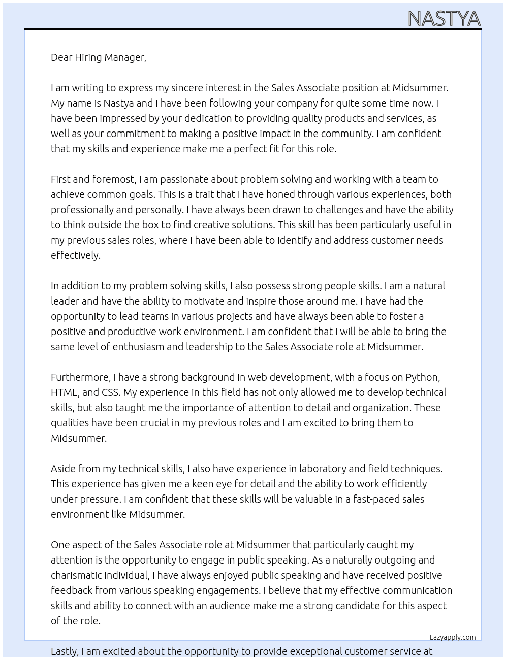 Sales Associate At Midsummer Cover Letter